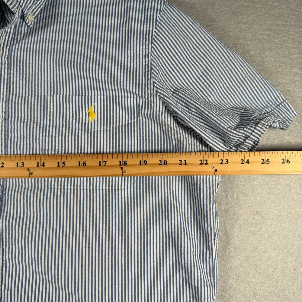 Polo Ralph Lauren Men Blue White Seersucker Short Sleeve Button Down Shirt Large
